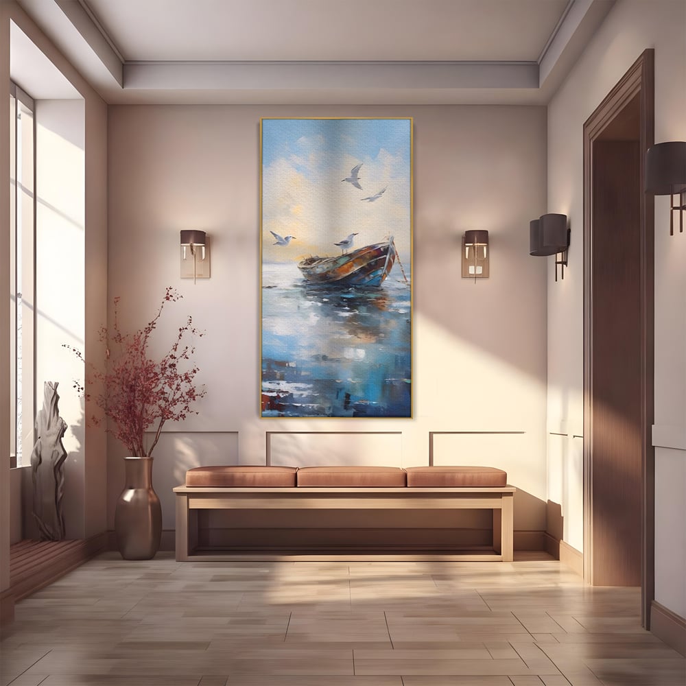 Tablou canvas cu tablou canvas cu barca si pescarusi, in rama de aluminiu auriu